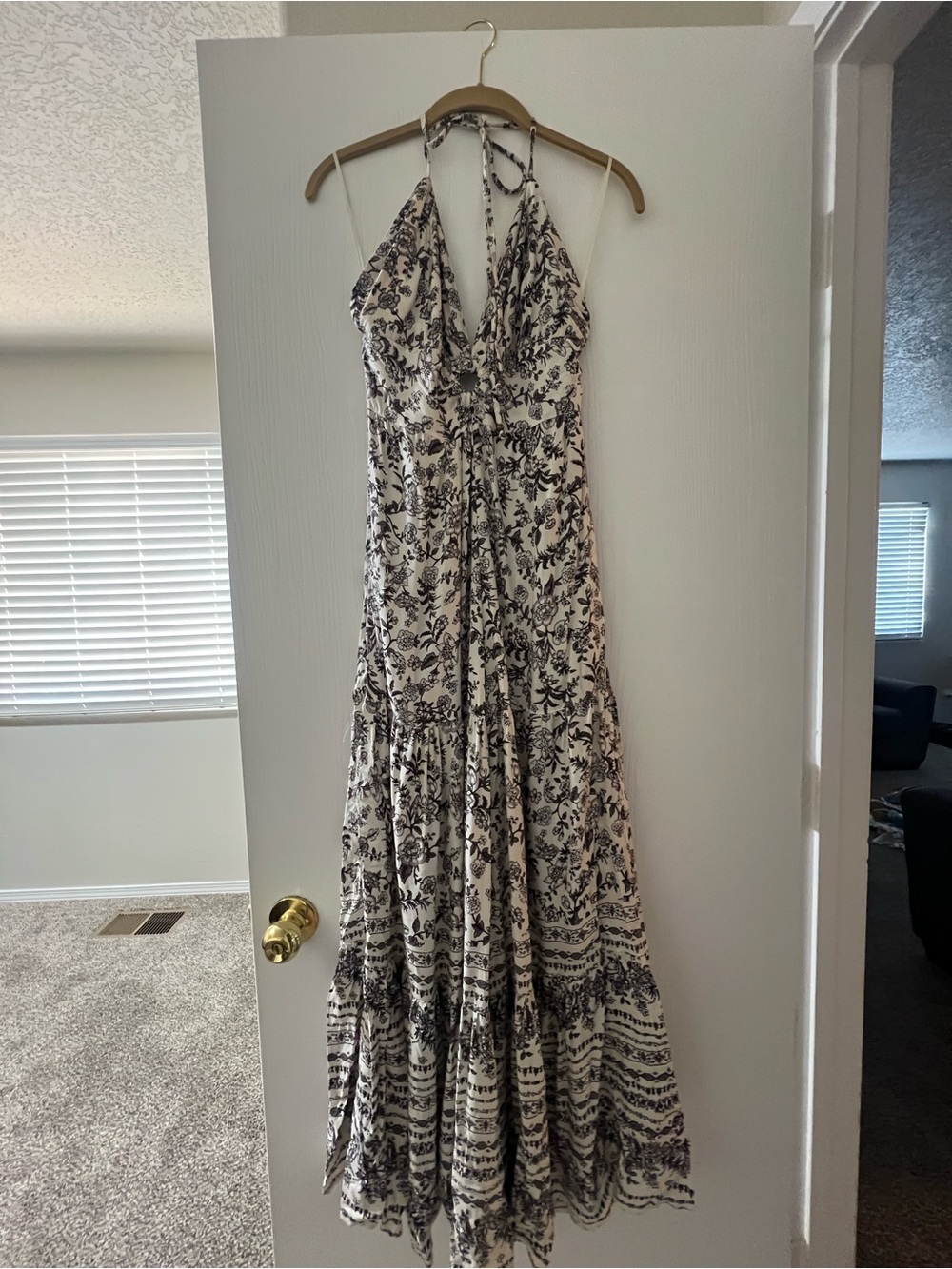 Angie Boho Floral Halter Wide Leg Jumpsuit Cream Black Palazzo Pants - Picture 2 of 9